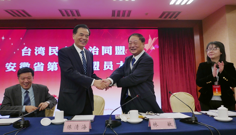 大会选举产生了台盟安徽省第二届总支部委员会，林敏当选主委。（站立左一陈清海，左二林敏）